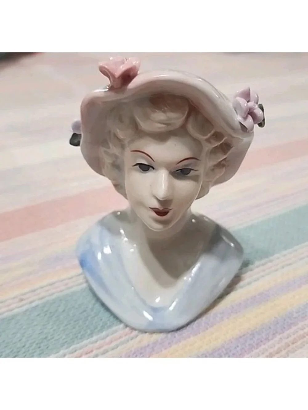Vintage Porcelain Lady Head Vase Pink Hat Blue Dress Flowers 5” Tall